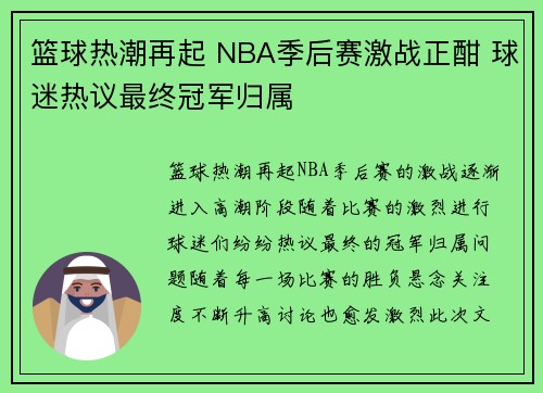 篮球热潮再起 NBA季后赛激战正酣 球迷热议最终冠军归属