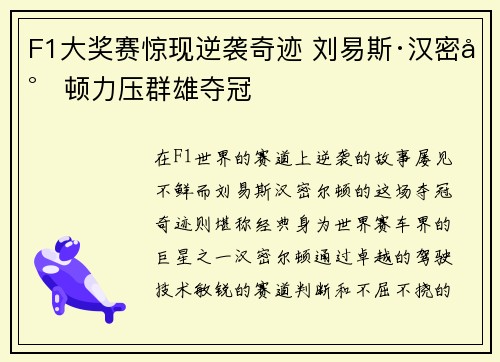 F1大奖赛惊现逆袭奇迹 刘易斯·汉密尔顿力压群雄夺冠